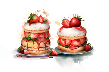 Watercolor Cookies with strawberries and cream isolated on white, Generative AI