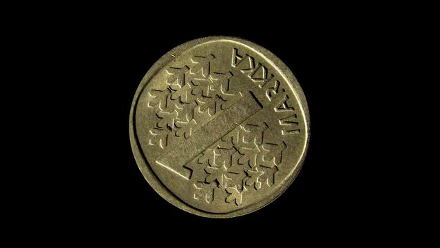 Reverse of Finland old coin 1 markka 1984 isolated in black background. 4k video