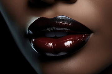 Female cosmetics, make-up. Close-up of sensual large female lips with dark red lipstick. Generative AI