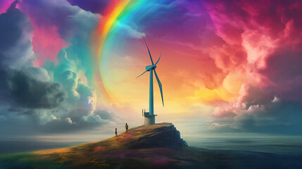 Naklejka na ściany i meble Wind turbine that stretches into the clouds and rainbow illustration. Generative Ai