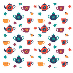 Cute vector seamless pattern with cartoon cups and teapots. 