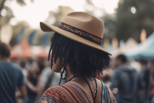 Unrecognizable black hipster woman in hat at an outdoor music festival. Side view of an afro american young woman at a holiday event in the park. Generative AI