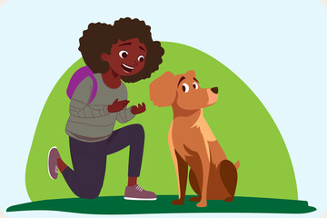 Afro girl playing with her dog in the park.