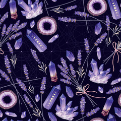 Vector seamless pattern with lavender and geodes - 596321316