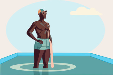 Afro man, sporty, standing in a swimming pool.