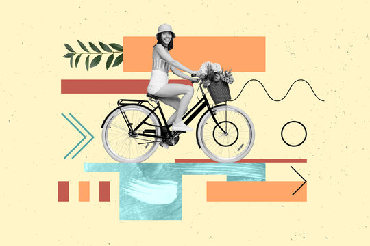 Funky style photo collage funny traveler lady drive vintage bicycle safe nature recycling ecology pollution summer colorful drawing