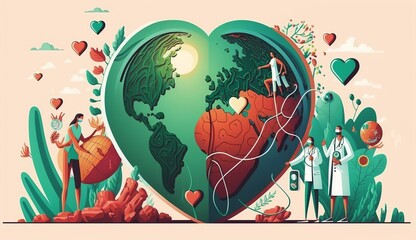 World Heart Day concept,  heartbeat line together with earth and heart, Generative Ai