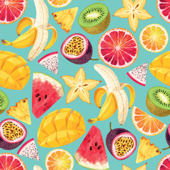 Vector seamless pattern with exotic fruit slices - 596322569