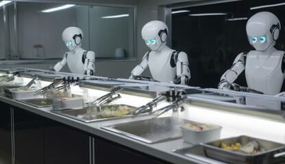 Humanoid robot cooks in the kitchen , new technology ,Generative Ai