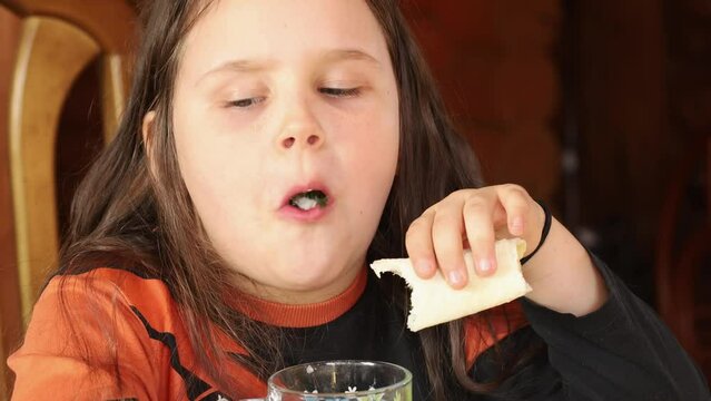 Concentrated, passionate fat little brunette girl chewing and champing shawarma or sandwich and drink hot tea. Overeating and excess fat, obesity and violation of hormones and overweight. Video, 4k