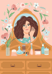 Portrait of cute girl in mirror. Self care, self love, harmony. Vector illustration.