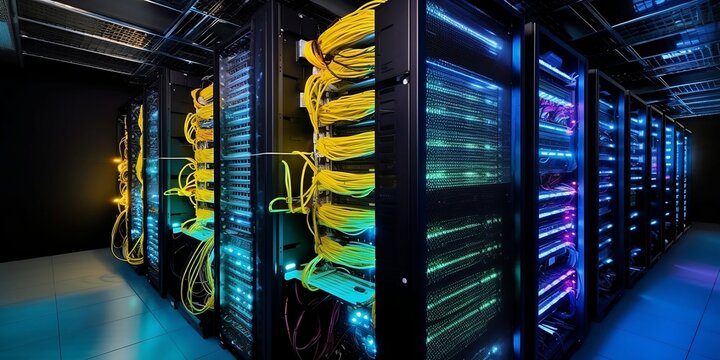 Platform for hosting contemporary Internet contents. Rack housing server data storage hardware. The equipment in the data center is connected by a lot of network cables. Generative AI technology.