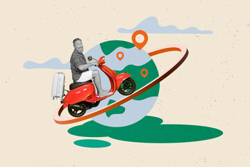 Photo collage funny retired male ride vintage moped summer trip world traveler wander use gps retro...