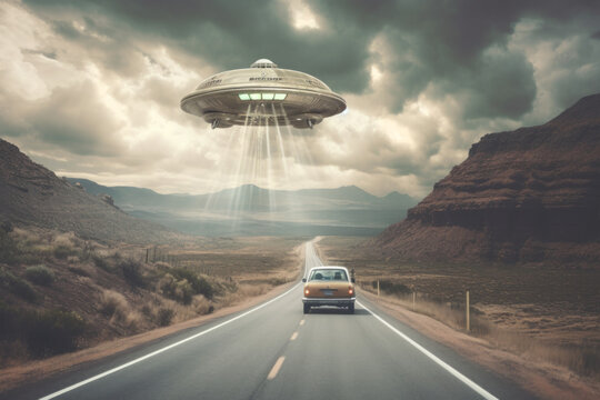 Alien UFO hovering over a single car on a deserted highway in the desert. Generative Ai.