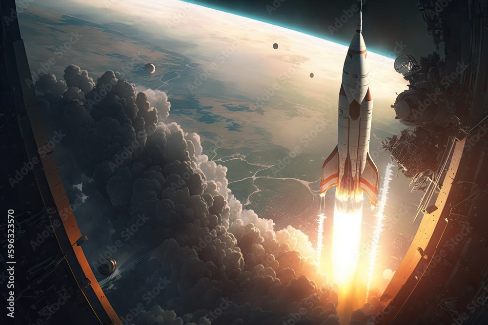 Sticker rocket start, with view of space station in the background, created with generative ai