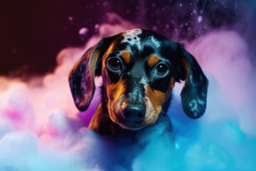 Incredibly cute Dachshund puppy in blue and pink fog.  Generative Ai.