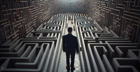 Man in maze is looking for way out. Concept of finding right solutions in life. Figure of man in labirynth with high walls. Created with Generative AI.
