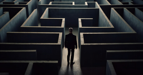 Confused businessman thinks how to find the right way to exit from a big maze. Generative ai - obrazy, fototapety, plakaty