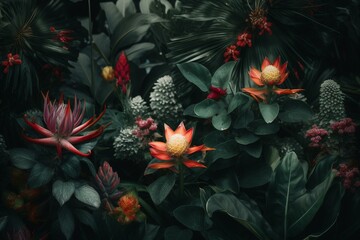 Greenery and exotic blooms backdrop. Generative AI
