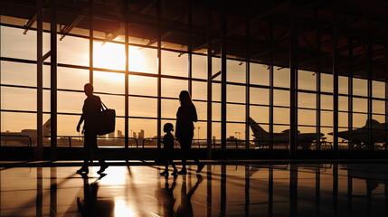 Family travelling with young child walking to departure gate,  silhouette of people, travel concept