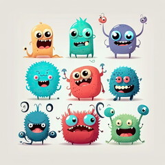 cute cartoon monsters, white background, vector illustration, Made by AI, Artificial intelligence
