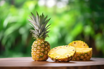 pineapple with pineapple slices on wood background with green nature background
