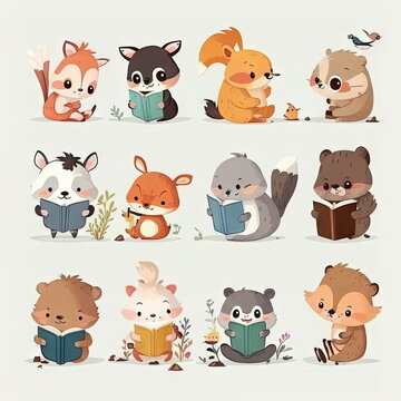 cartoon characters cute animals reading books white background, vector illustration, Made by AI, Artificial intelligence