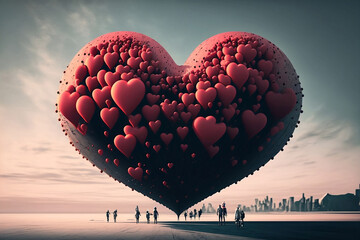 Fototapeta premium Abstract heart formed balloon in the desert with people. Generative AI