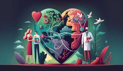 World Heart Day concept,  heartbeat line together with earth and heart, Generative Ai