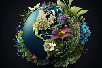 Innovative composition shows the Earth as a 3D Model covered in vibrant greenery and a blooming flower, reminding us of the beauty and importance of nature. , Generative Ai