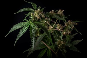 Medicinal cannabis leaves with extract and flower buds. Keywords: green, cannabis, medical, extract, flower, buds, marijuana, leaves, oil, therapy. Generative AI