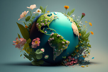Innovative composition shows the Earth as a 3D Model covered in vibrant greenery and a blooming flower, reminding us of the beauty and importance of nature. , Generative Ai