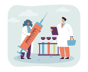 Caucasian and African American doctors with laboratory equipment. Male and female medical professionals with huge test tubes and syringe vector illustration. Medicine, health concept