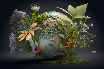 Innovative composition shows the Earth as a 3D Model covered in vibrant greenery and a blooming flower, reminding us of the beauty and importance of nature. , Generative Ai