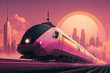 Fototapeta na wymiar Travel transport concept. Purple futuristic train in modern style on light background. Smart digital technology concept. Generative Ai