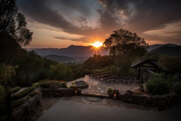 ceremony venue with dramatic view of the sun setting behind the mountains, created with generative ai