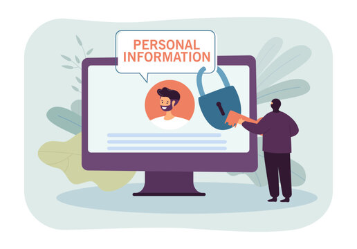 Criminal in front of huge monitor accessing personal information. Man in mask with key opening big lock on screen vector illustration. Privacy violation, security, technology, social network concept
