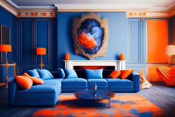 a living room with a large fireplace, blue sofas and paintings on the walls, luxury - generative ai