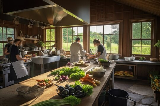 farm-to-table restaurant, with chefs preparing meals using fresh ingredients straight from the fields, created with generative ai