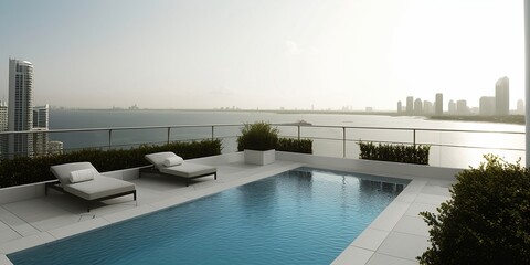 Fototapeta na wymiar Impressive luxury penthouse terrace with a swimming pool overlooking Miami, generative ai illustration