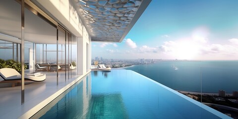 Impressive luxury penthouse terrace with a swimming pool overlooking Miami, generative AI technology - obrazy, fototapety, plakaty