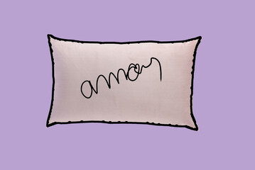 square pillow written love with black edges. Bedroom sleeping pillow or sofa cushion with feather, down or synthetic and textile filling, comfort rest fabric pillowcase