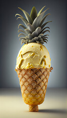 Illustration of pineapple ice cream with pineapple pieces in a waffle cone. The concept of natural sweets. A popular summer refreshing treat. Generated by artificial intelligence