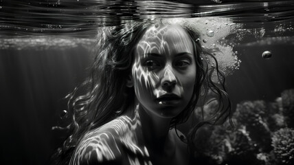 Portrait of a beautiful woman underwater, Generative AI