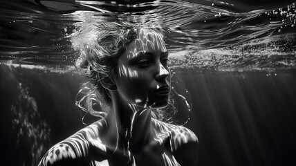Portrait of a beautiful woman underwater, Generative AI