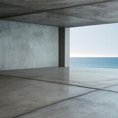 Concrete modern empty room with opening on the sea and the sky with wet floor 