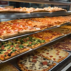 Fototapeta premium Pizza assortment in a shop display, close up. Delicious Italian street food. Generative AI