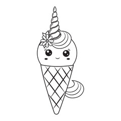 Kawaii unicorn ice cream dessert in a waffle cup, black outline, vector illustration in doodle style.