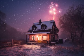Pink fireworks light up snowy night sky above house for festive season. Generative AI