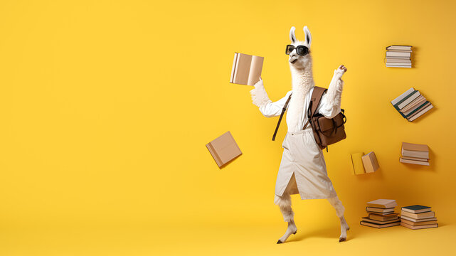 a llama in glasses with a backpack and many books on a yellow background, Generative AI
